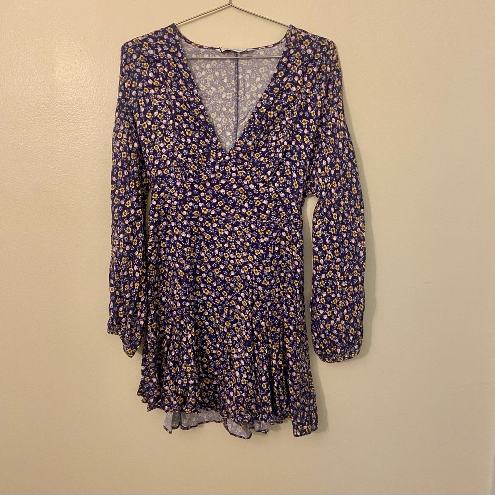 NWOT Zara Blue and Pink V-Neck Long Sleeve Sundress XS
